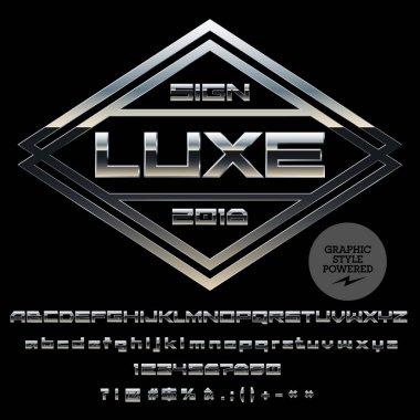 Mağazanın logolu vektör krom alfabe ayarlayın. Lüks gümüş harf, sayı, sembolleri ayarlayın. Grafik stili yazı tipi