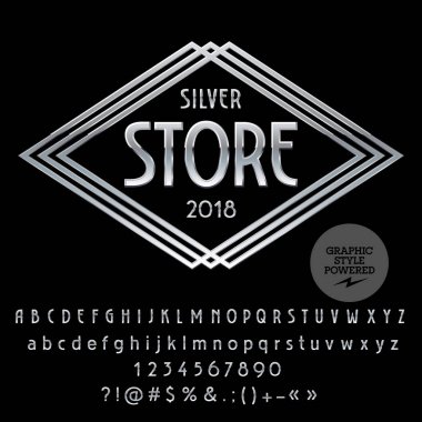 Mağazanın logolu vektör krom alfabe ayarlayın. Gümüş yazı tipi grafik stili içerir