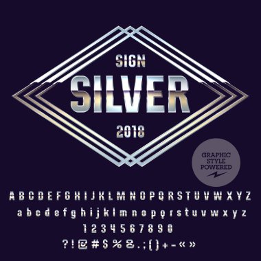 Vektör Logo şablonu. Alfabe harfler, sayılar ve simgeler kümesi gümüş. Krom yazı tipi grafik stili içerir