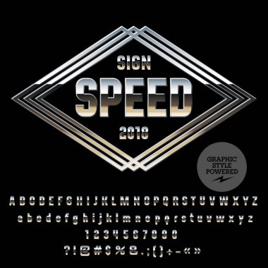 Tamirhane için vektör gümüş amblemi. Harfler, sayılar ve simgeler kümesi. Grafik stili içerir.