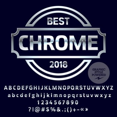 Vektör Logo şablonu. Alfabe harfler, sayılar ve simgeler kümesi krom. Gümüş yazı tipi grafik stili içerir