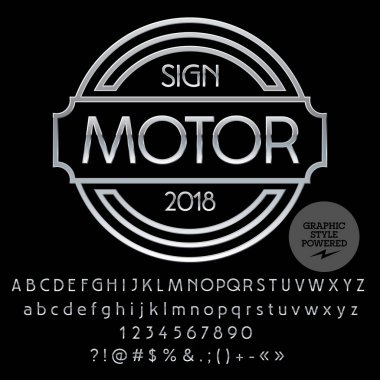 Motor için logolu vektör gümüş alfabe ayarlayın. Krom yazı tipi grafik stili içerir