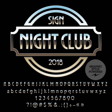 Gece kulübü vektör gümüş Logo şablonu. Lüks ayarla harfler, sayılar, simgeler. Grafik stili yazı tipi