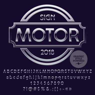 Vektör gümüş Logo şablonu motosiklet ve araba Dükkanı. Lüks ayarla harfler, sayılar, simgeler. Grafik stili yazı tipi