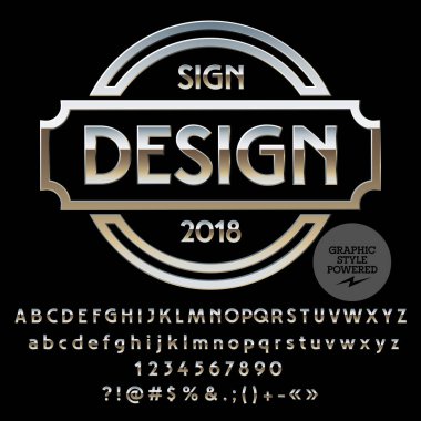 Vektör Logo şablonu. Alfabe harfler, sayılar ve simgeler kümesi gümüş. Krom yazı tipi grafik stili içerir