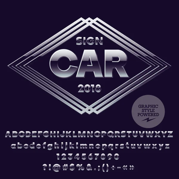 Gümüş lüks araba için logo tasarımı ve Sportcar Dükkanı. Vektör alfabe ayarlayın. Krom yazı tipi grafik stili içerir