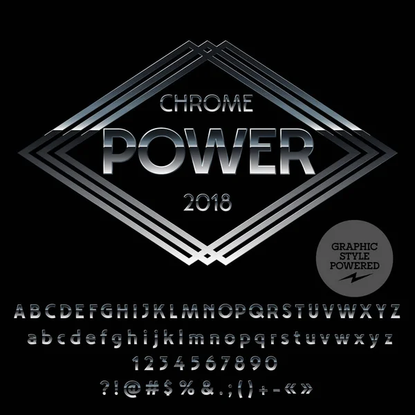 Vektör gümüş Logo şablonu. Krom harfler, sayılar, simgeler kümesi. Grafik stili yazı tipi.