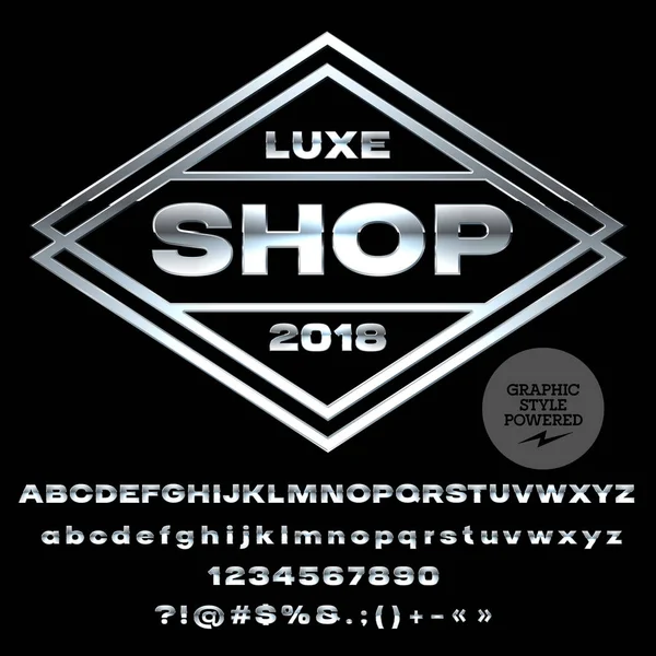 Vektor Chrome ábécé Luxe Shop logo beállítása. Ezüst betűtípus tartalmaz grafikus stílus — Stock Vector