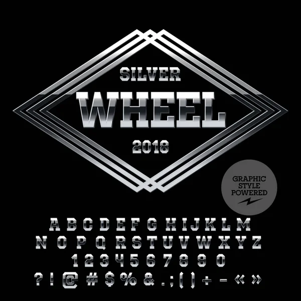 Ensemble d'alphabet vectoriel chromé avec logo pour Silver Wheel. La police Silver contient un style graphique — Image vectorielle