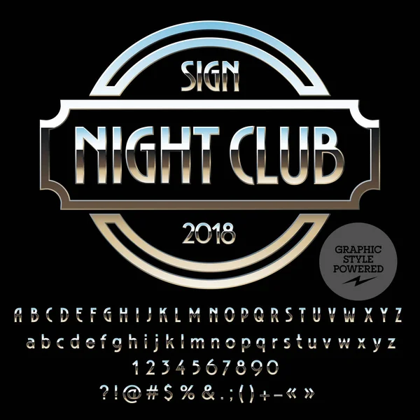 Gece kulübü vektör gümüş Logo şablonu. Lüks ayarla harfler, sayılar, simgeler. Grafik stili yazı tipi