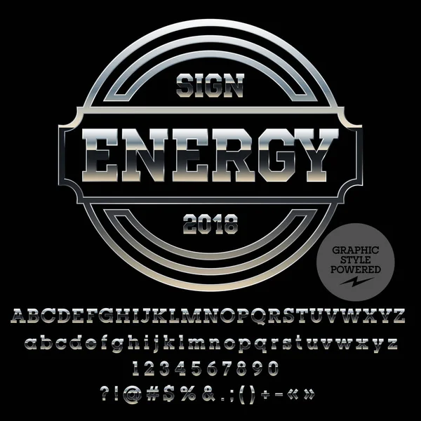 Alfabet Chrome wektor zestaw z Logo dla energii. Srebrny Czcionka zawiera styl graficzny — Wektor stockowy