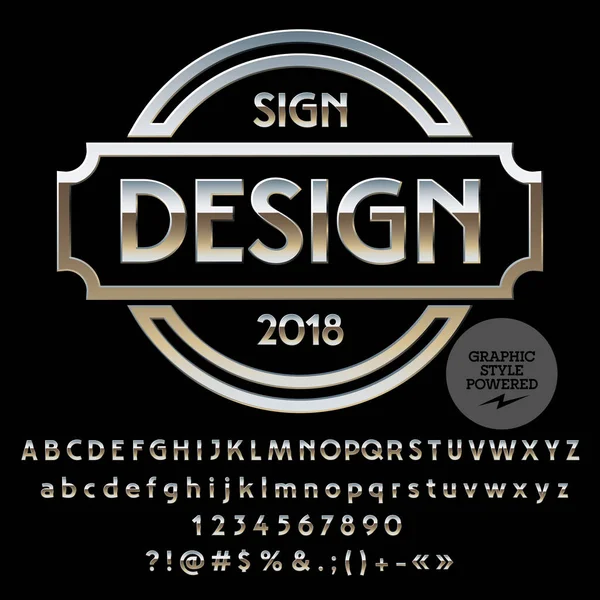 Vektör Logo şablonu. Alfabe harfler, sayılar ve simgeler kümesi gümüş. Krom yazı tipi grafik stili içerir