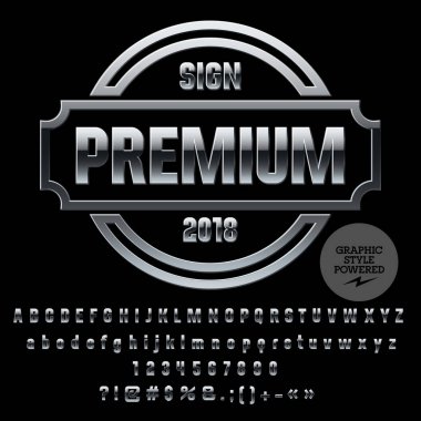 Vektör gümüş logo şablonu. Krom harfler, sayılar, simgeler kümesi. Grafik stili yazı tipi