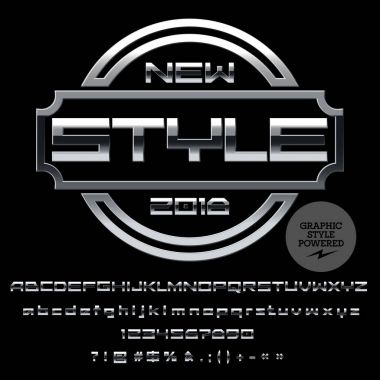 Vektör Logo şablonu. Alfabe harfler, sayılar ve simgeler kümesi gümüş. Krom yazı tipi grafik stili içerir