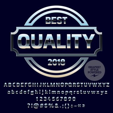 Vektör gümüş logo şablonu. Şık krom harf, sayı, sembolleri ayarlayın. Grafik stili yazı tipi