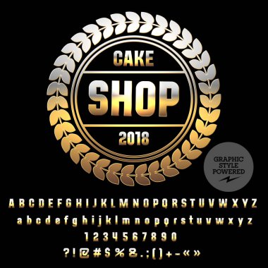 Vektör altın Logo şablonu Dükkanı şekerlemeler. Lüks ayarla harfler, sayılar, simgeler. Grafik stili yazı tipi