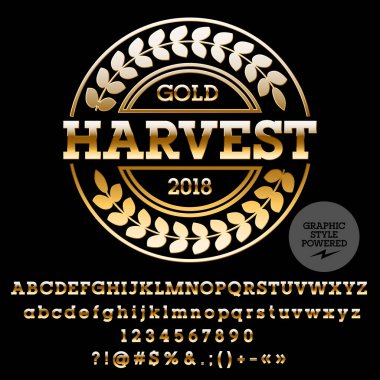 Vektör altın Logo şablonu altın hasat için. Lüks ayarla harfler, sayılar, simgeler. Grafik stili yazı tipi