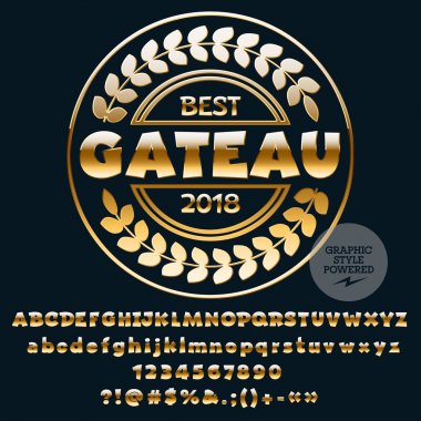 Gastronomi vektör altın Logo şablonu. Modern harfler, sayılar, simgeler kümesi. Grafik stili yazı tipi