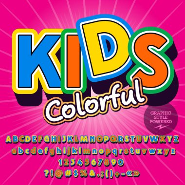 Renkli çocuklar vektör alfabesi ayarlayın. Grafik stili ile parlak yazı tipi