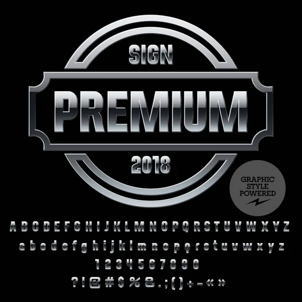 Vektör gümüş logo şablonu. Krom harfler, sayılar, simgeler kümesi. Grafik stili yazı tipi