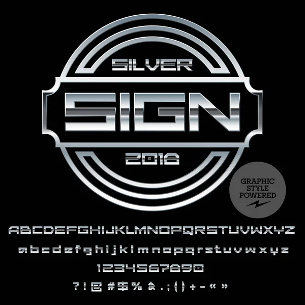 Vektör Logo şablonu. Alfabe harfler, sayılar ve simgeler kümesi krom. Gümüş yazı tipi grafik stili içerir