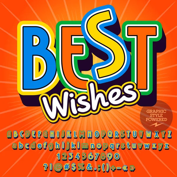 Tarjeta de felicitación creativa vectorial Best Wishes with set of Alphabet. Estilo gráfico Font — Vector de stock