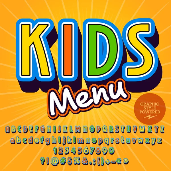 Plantilla brillante vectorial para Kid Menu con conjunto de alfabetos. Estilo gráfico Font — Archivo Imágenes Vectoriales