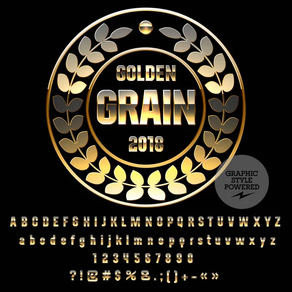 Altın alfabesi harfleri, sayıları ve noktalama işaretlerini simgeler kümesi. Yazı tipi grafik stili içerir. Metin altın tahıl ile vektör Logo..