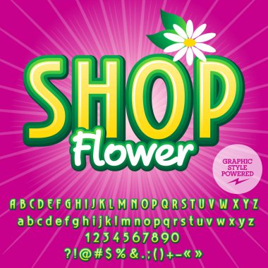 Zarif vektör alfabe seti. Yazı tipi metin Dükkanı çiçek ile. Grafik stili içerir.