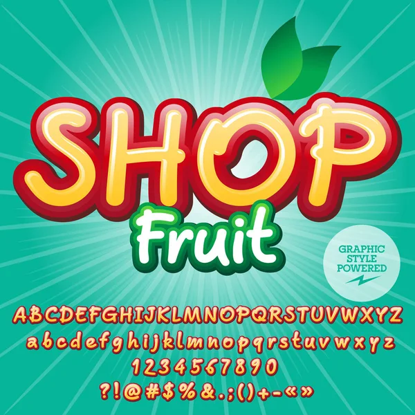 Conjunto moderno de alfabetos vectoriales. Fuente con texto Shop Fruit. Contiene estilo gráfico . — Archivo Imágenes Vectoriales