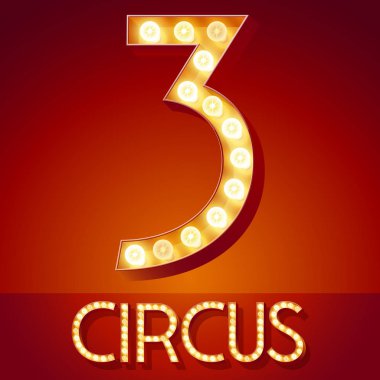 Şık retro vektör yazı tipi ile parlayan lamba yanar. Altın sayı 3