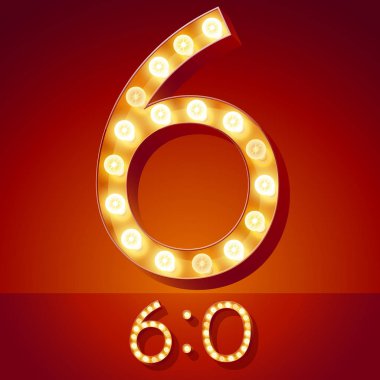 Şık retro vektör yazı tipi ile parlayan lamba yanar. Altın sayı 6