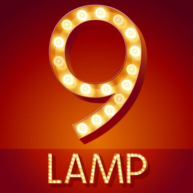 Chic retro vector light up font with glowing lamp. Gold number 9 clipart