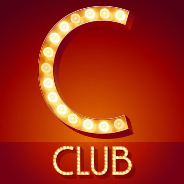 Şık retro vektör yazı tipi ile parlayan lamba yanar. Altın harf C