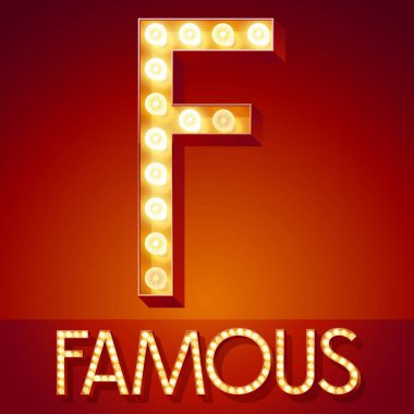 Şık retro vektör yazı tipi ile parlayan lamba yanar. Altın harf F