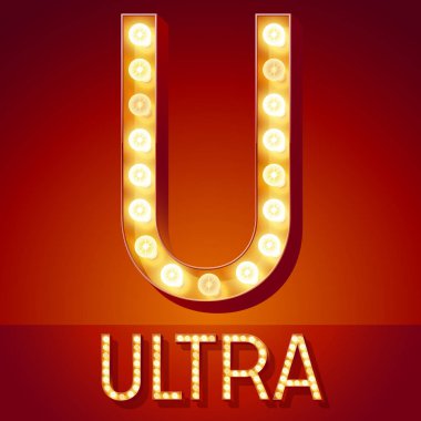 Şık retro vektör yazı tipi ile parlayan lamba yanar. Altın harf U