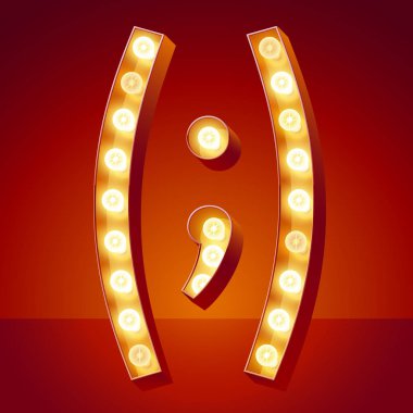 Şık retro vektör yazı tipi ile parlayan lamba yanar. Altın semboller 1