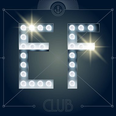 Fütüristik vektör lamba alfabesine parlak ayna arka plan. Harf E F