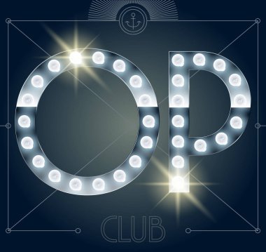 Fütüristik vektör lamba alfabesine parlak ayna arka plan. Harfleri O P