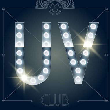 Fütüristik vektör lamba alfabesine parlak ayna arka plan. Harf U V