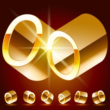 3D vektör çift alfabesi rastgele döndürülmüş ince altın sembolleri. Sayı 0