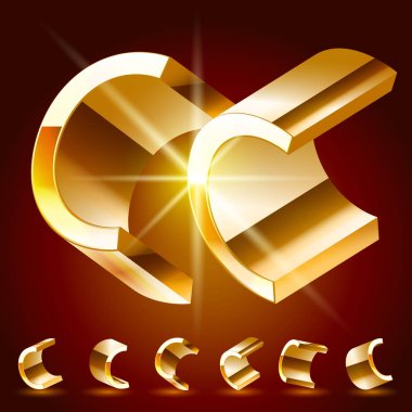 3D vektör çift alfabesi rastgele döndürülmüş ince altın sembolleri. C harfi