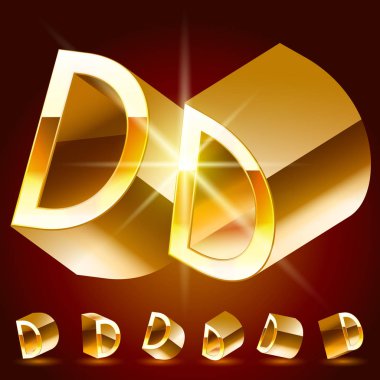 3D vektör çift alfabesi rastgele döndürülmüş ince altın sembolleri. D harfi