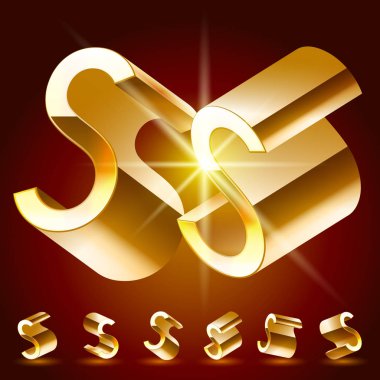 3D vektör çift alfabesi rastgele döndürülmüş ince altın sembolleri. S harfi