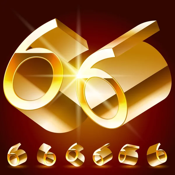 Alfabeto deluxe vettoriale 3D di simboli dorati sottili ruotati casualmente. Numero 6 — Vettoriale Stock