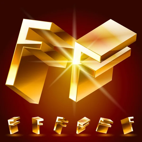 3D vektör çift alfabesi rastgele döndürülmüş ince altın sembolleri. F harfi