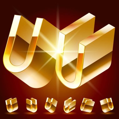 3D vektör çift alfabesi rastgele döndürülmüş ince altın sembolleri. U Harfi