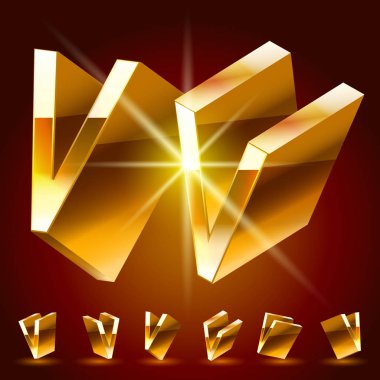 3D vektör çift alfabesi rastgele döndürülmüş ince altın sembolleri. Harf V