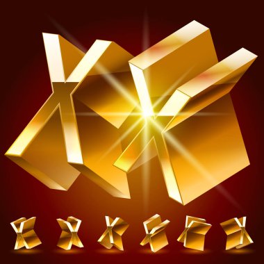 3D vektör çift alfabesi rastgele döndürülmüş ince altın sembolleri. X harfi