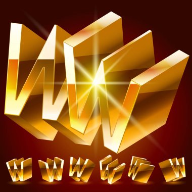 3D vektör çift alfabesi rastgele döndürülmüş ince altın sembolleri. Harf W